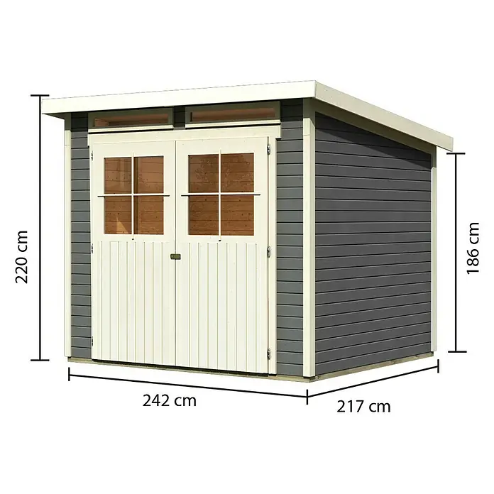 Karibu Gartenhaus Glücksburg - Außenmaß inkl. Dachüberstand (B x T): 267 x 236 cm, Holz, Terragrau, Grundfläche: 5,07 m² - Abbildung eines Gartenhauses mit den Maßen 220 cm Höhe, 242 cm Breite und 217 cm Tiefe. Das Gartenhaus ist grau mit weißen Türen.