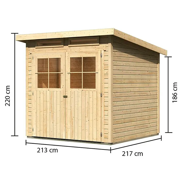 Karibu Gartenhaus Glücksburg - Außenmaß inkl. Dachüberstand (B x T): 242 x 236 cm, Holz, Natur, Grundfläche: 4,45 m² - Abbildung eines Holzgartenhauses mit den Maßen 220 cm Höhe, 213 cm Breite vorne und 186 cm Höhe seitlich.