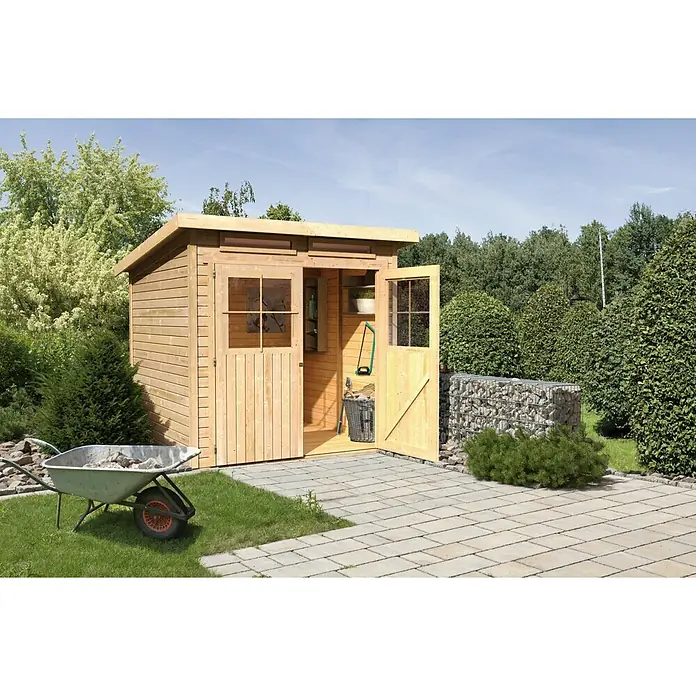Karibu Gartenhaus Glücksburg - Außenmaß inkl. Dachüberstand (B x T): 242 x 236 cm, Holz, Natur, Grundfläche: 4,45 m² - Ein geräumiges Gartenhaus aus Holz mit geöffneten Türen, das viel Stauraum bietet, ideal für Werkzeuge und Gartengeräte.
