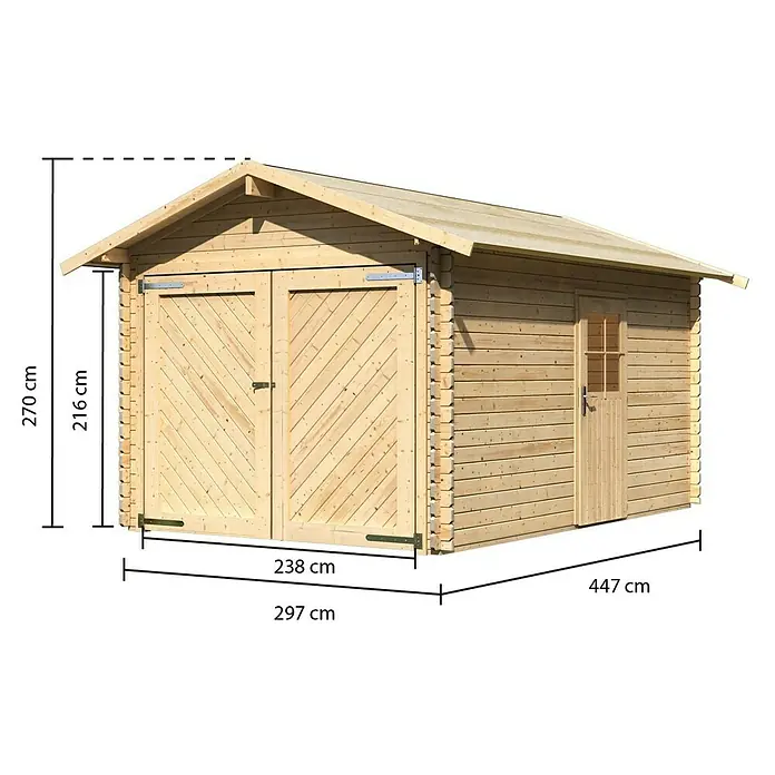 Karibu Garage - Holz, 12 m², Wandstärke: 28 mm - Abbildung eines Holzgaragenbausatzes mit den Maßen 270 cm Höhe, 238 cm Breite und 447 cm Länge. Ideal für die Lagerung.