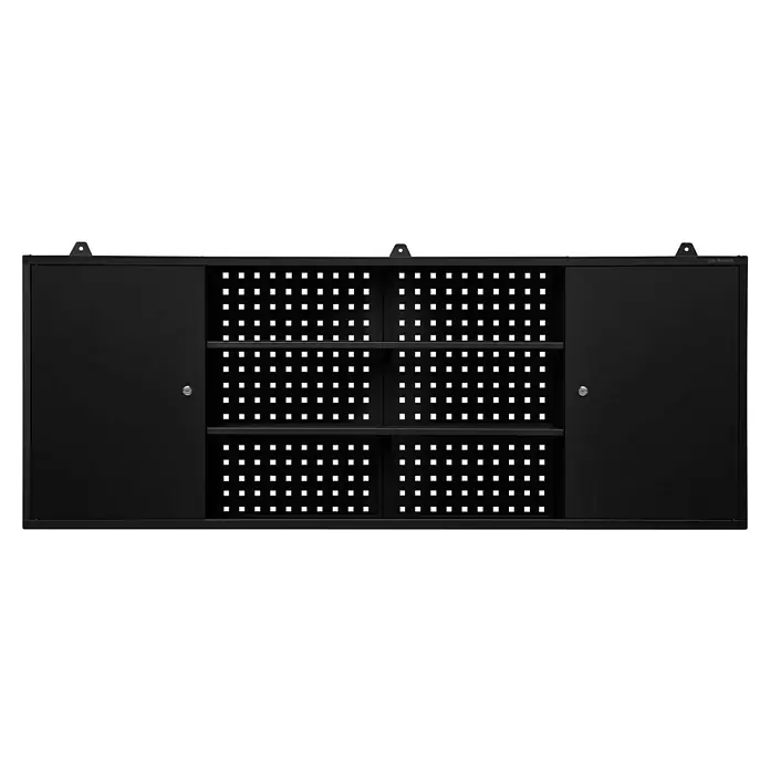 Jan Nowak Hängeschrank Leo - B x T x H: 160 x 20 x 60 cm, Schwarz - Schwarzer Werkzeugschrank mit abschließbaren Türen und Regalböden mit Aussparungen für Werkzeuge.
