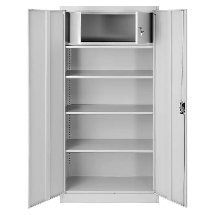 Jan Nowak Aktenschrank Tomasz - B x T x H: 90 x 45 x 185 cm, Grau - Grauer Metallschrank mit offenen Türen und verstellbaren Regalen. Ideal zur Aufbewahrung von Büromaterial oder Werkzeugen.