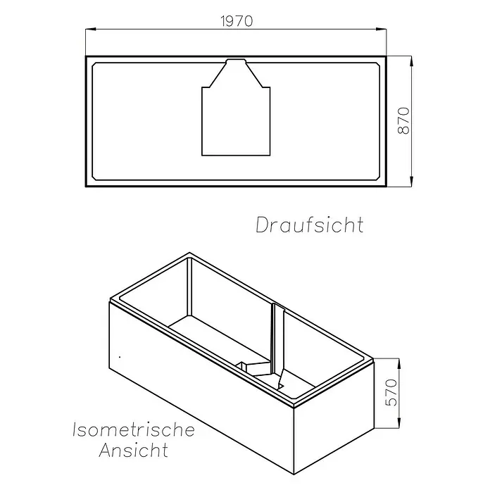 Ottofond Badewannenträger Palermo - Passend für: Ottofond Badewanne Palermo 200 x 90 cm - Draufsicht und isometrische Ansicht einer rechteckigen Badewanne mit den Maßen 1970 x 870 x 570 mm.