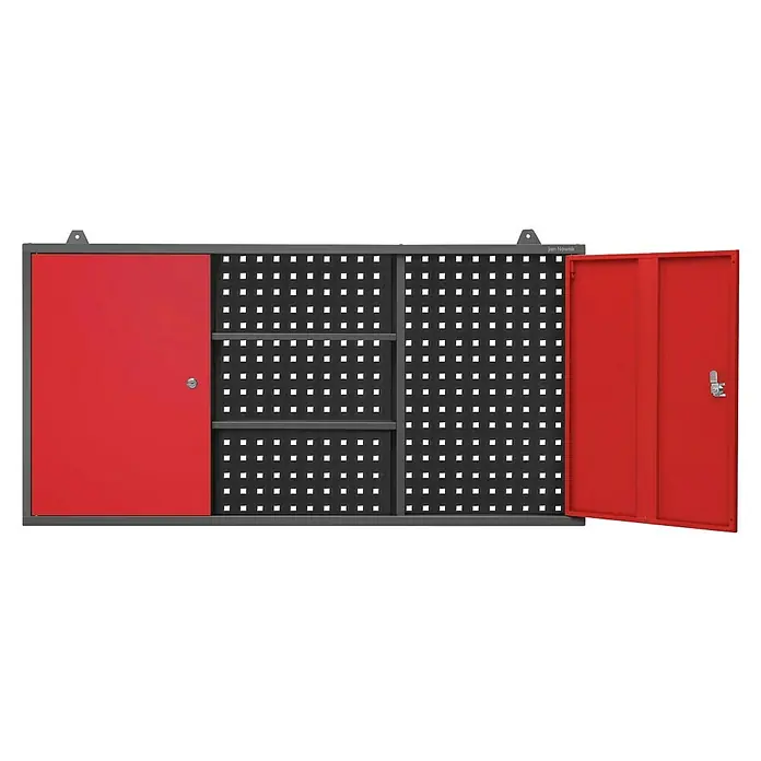 Jan Nowak Hängeschrank Ben - H x B x T: 60 x 120 x 20 cm, Anthrazit/Rot - Ein grauer Werkzeugschrank mit einer roten Tür auf der linken Seite und einer offenen roten Tür auf der rechten Seite.