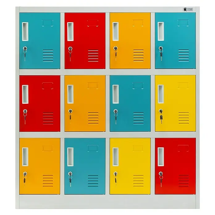 Jan Nowak Schließfachschrank Ola - H x B x T: 120 x 109 x 45 cm, Anzahl Fächer: 12 Stk., Grau/Vielfarbig - Bunte Schließfächer mit Schlüsseln. Die farbenfrohen Metallschränke sind ideal für Schulen, Umkleideräume und Fitnessstudios.