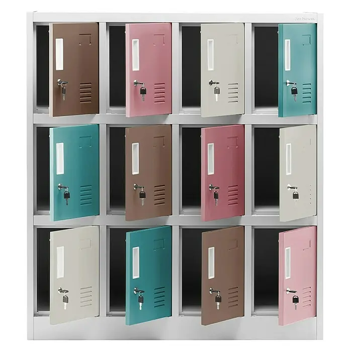 Jan Nowak Schließfachschrank Ola - H x B x T: 120 x 109 x 45 cm, Anzahl Fächer: 12 Stk., Grau/Pastellfarben - Mehrfarbiger Metallschrank mit mehreren Fächern und Schlüssel für sichere Aufbewahrung. Ideal für Schulen, Büros usw.
