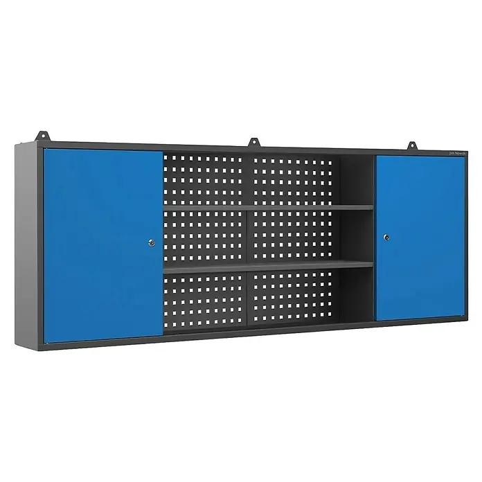 Jan Nowak Hängeschrank Leo - B x T x H: 160 x 20 x 60 cm, Anthrazit/Blau - Abbildung eines grauen Werkstattschranks mit blauen Schiebetüren und zwei Regalen, ideal zur Aufbewahrung von Werkzeugen und Zubehör.