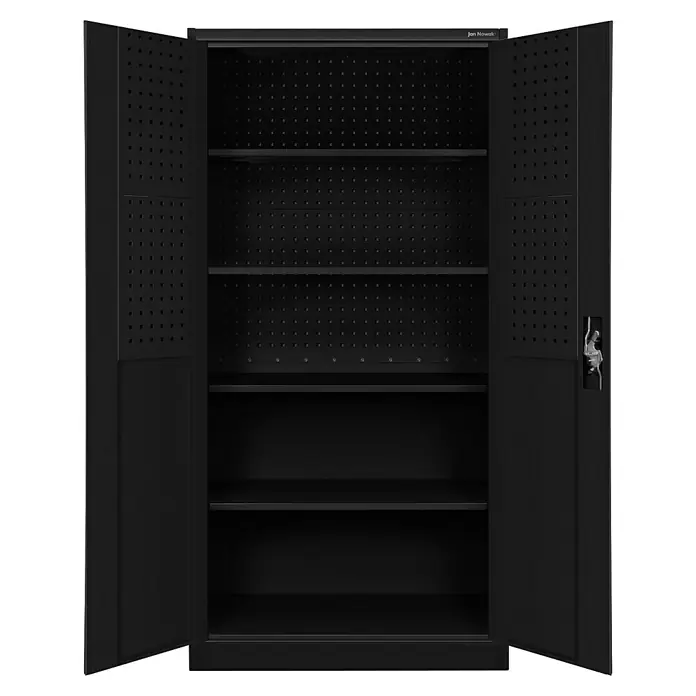 Jan Nowak Werkzeugschrank Bruno - H x B x T: 185 x 92 x 50 cm, Schwarz - Das Bild zeigt einen schwarzen Jan Nowak Metallschrank mit Lochwand und geöffneten Türen. Im Inneren befinden sich mehrere Regale zur Aufbewahrung.