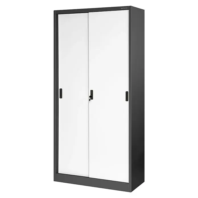 Jan Nowak Aktenschrank Kuba - B x T x H: 90 x 40 x 185 cm, Anthrazit/Weiß - Abbildung eines abschließbaren Flügeltürenschranks. Der Schrank hat weiße Türen und einen grauen Rahmen. Ideal für Büro oder Werkstatt.