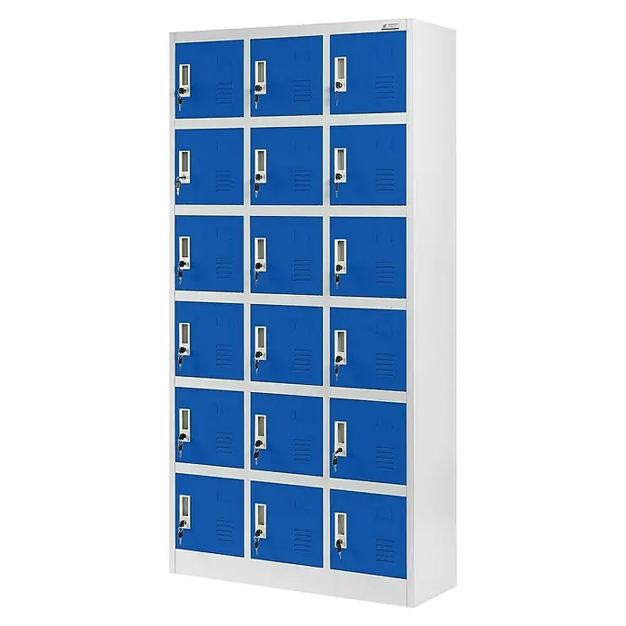 Jan Nowak Schließfachschrank Karol - Anzahl Fächer: 18 Stk., Grau/Blau - Dieser Schrank mit seinen blauen Türen bietet viel Stauraum und ist ideal für Umkleideräume oder Schulen.