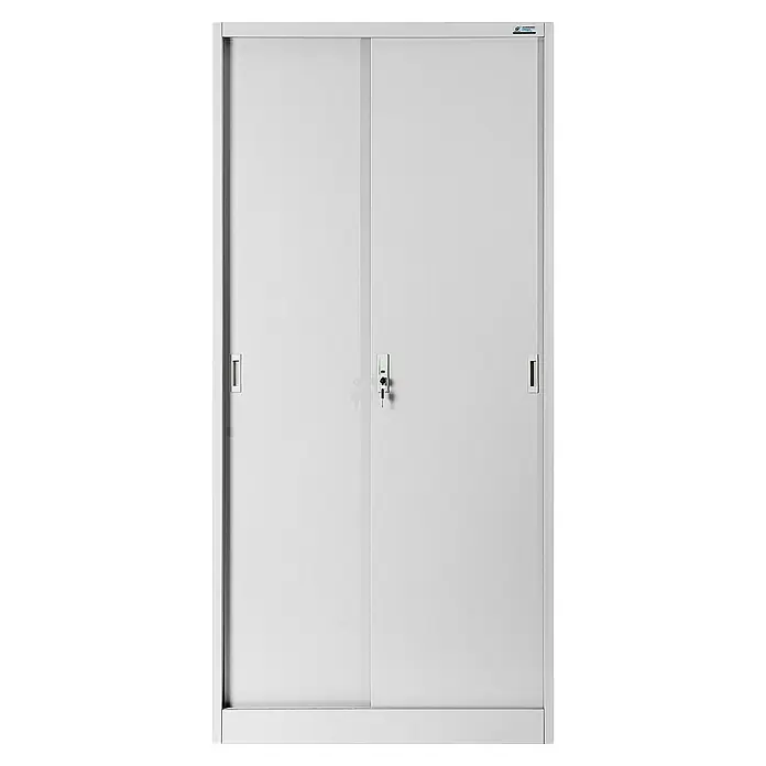 Jan Nowak Aktenschrank Kuba - B x T x H: 90 x 40 x 185 cm, Grau - Bild eines weißen Büroschranks mit Schiebetüren und einem Schloss mit Schlüssel in der Mitte, ideal für die sichere Aufbewahrung von Dokumenten.