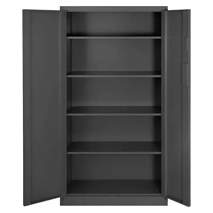 Jan Nowak Aktenschrank Daniel - B x T x H: 90 x 40 x 185 cm, Anthrazit - Das Bild zeigt einen grauen Metallschrank mit offenen Türen und mehreren Regalen. Der Schrank ist leer und zur Aufbewahrung geeignet.