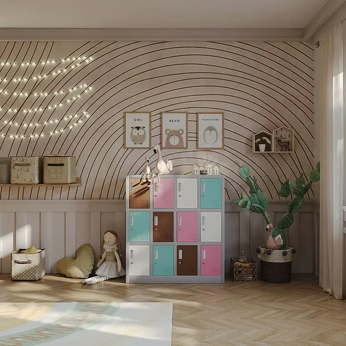 Jan Nowak Schließfachschrank Ola - H x B x T: 120 x 109 x 45 cm, Anzahl Fächer: 12 Stk., Grau/Pastellfarben - Buntes Kinderzimmer mit einem verspielten bunten Metallschrank mit Fächern und dekorativen Elementen.