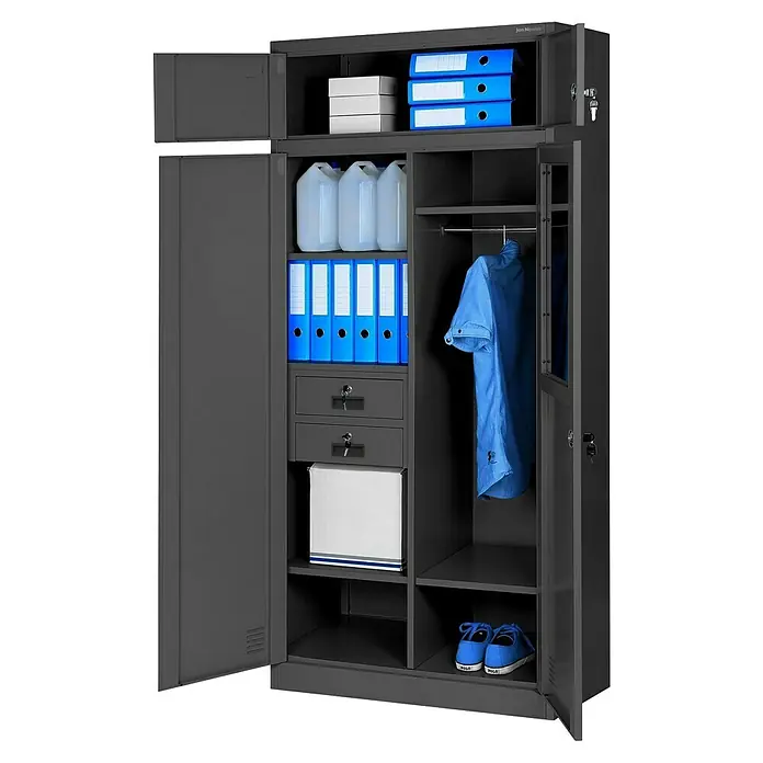 Jan Nowak Metall-Mehrzweckschrank Borys - H x B x T: 185 x 90 x 50 cm, Anthrazit - Grauer Stahlschrank mit geöffneten Türen, der Büroartikel, Ordner und Kleidung präsentiert.