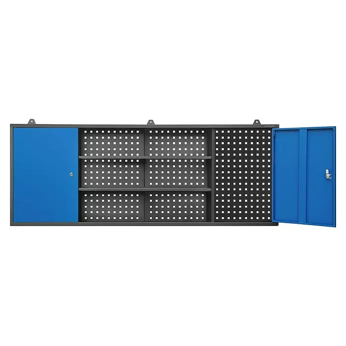Jan Nowak Hängeschrank Leo - B x T x H: 160 x 20 x 60 cm, Anthrazit/Blau - Ein geräumiger Werkzeugschrank mit blauen Türen und grauem Rahmen bietet viel Stauraum und Ordnung für Werkzeuge und Zubehör.