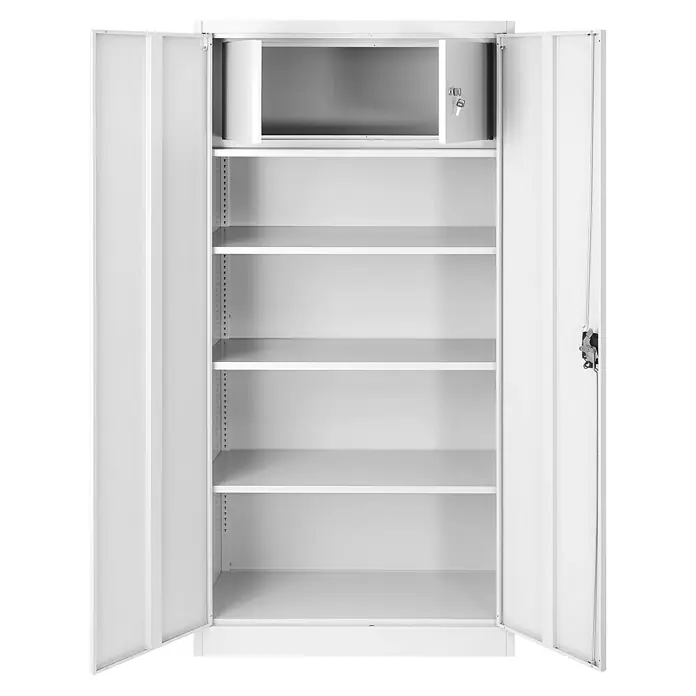 Jan Nowak Aktenschrank Tomasz - B x T x H: 90 x 45 x 185 cm, Weiß - Weißer Büroschrank mit offenen Türen und mehreren Einlegeböden. Ein Safe mit Schloss ist im oberen Teil des Schrankes integriert.