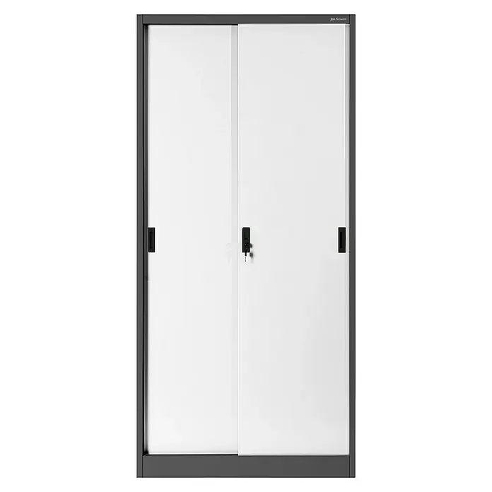 Jan Nowak Aktenschrank Kuba - B x T x H: 90 x 40 x 185 cm, Anthrazit/Weiß - Aufnahme eines verschlossenen grauen Jan Nowak Aktenschranks mit zwei Schiebetüren und Griffen.