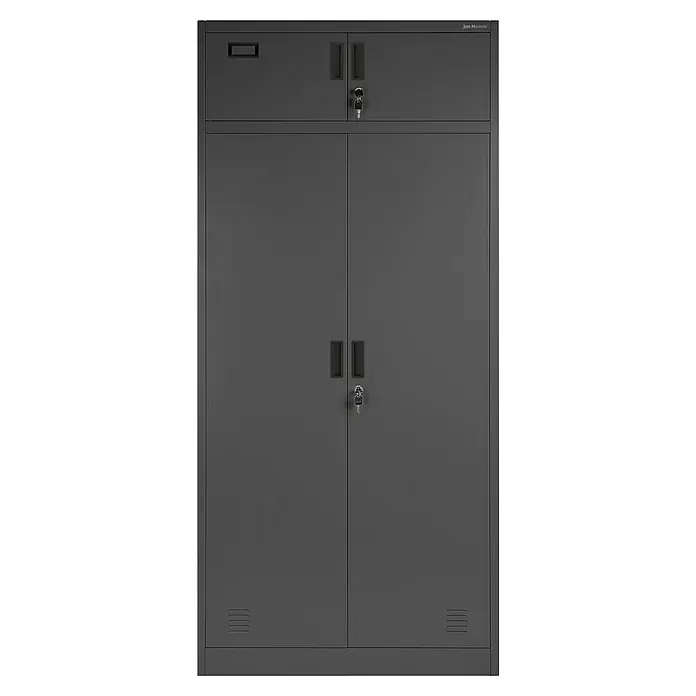 Jan Nowak Metall-Mehrzweckschrank Borys - H x B x T: 185 x 90 x 50 cm, Anthrazit - Ein grauer Metall-Aktenschrank mit zwei Türen und zwei abschließbaren Fächern oben für Büro oder Lagerung.