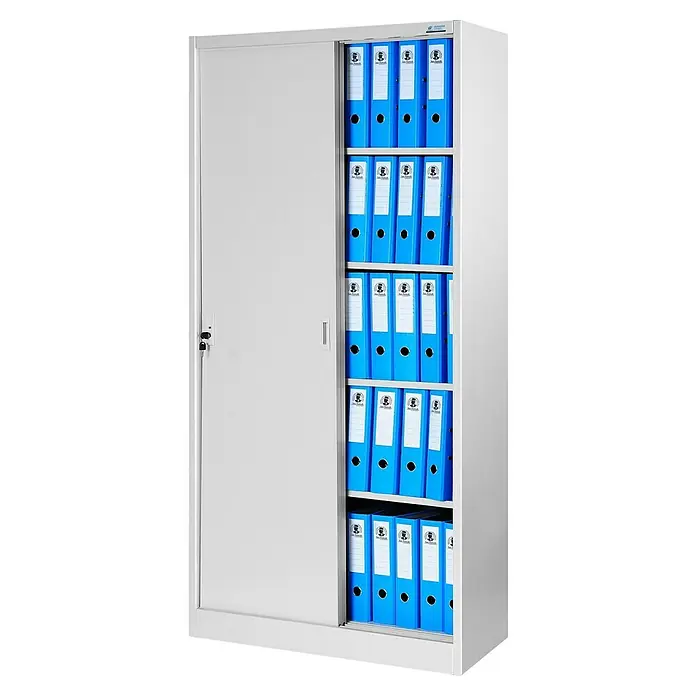 Jan Nowak Aktenschrank Kuba - B x T x H: 90 x 40 x 185 cm, Grau - Offener grauer Aktenschrank mit blauen Aktenordnern für die Büroorganisation.