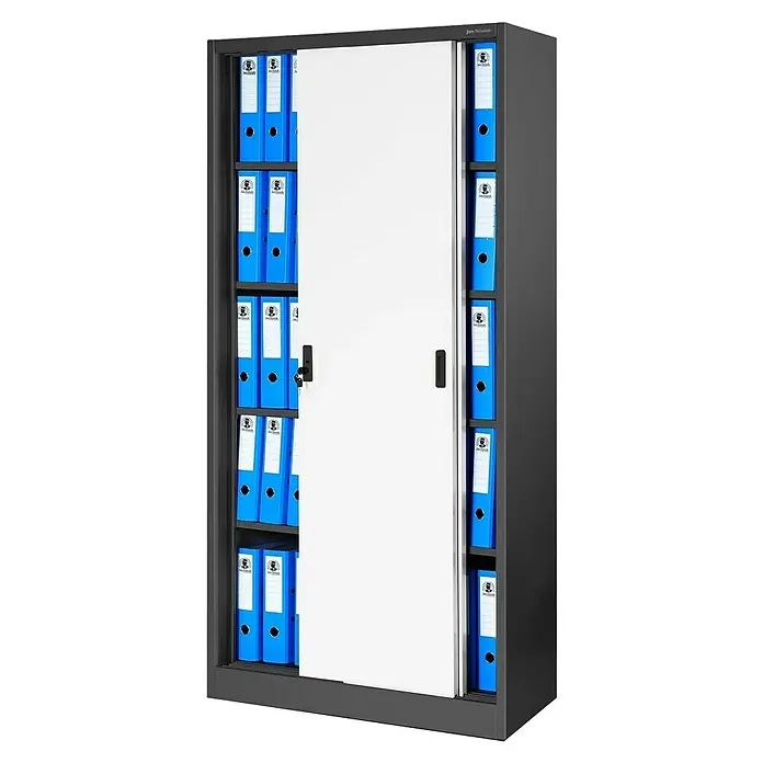Jan Nowak Aktenschrank Kuba - B x T x H: 90 x 40 x 185 cm, Anthrazit/Weiß - Rollschrank mit blauen Ordnern, abschließbar. Der Metallschrank bietet viel Stauraum für Büro und Archiv. Robust und langlebig.