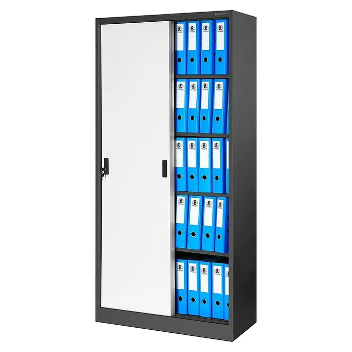Jan Nowak Aktenschrank Kuba - B x T x H: 90 x 40 x 185 cm, Anthrazit/Weiß - Ein Metallschrank mit einer weißen Schiebetür und blauen Aktenordnern in seinem Regal, ideal für die Büroaufbewahrung von Dokumenten.