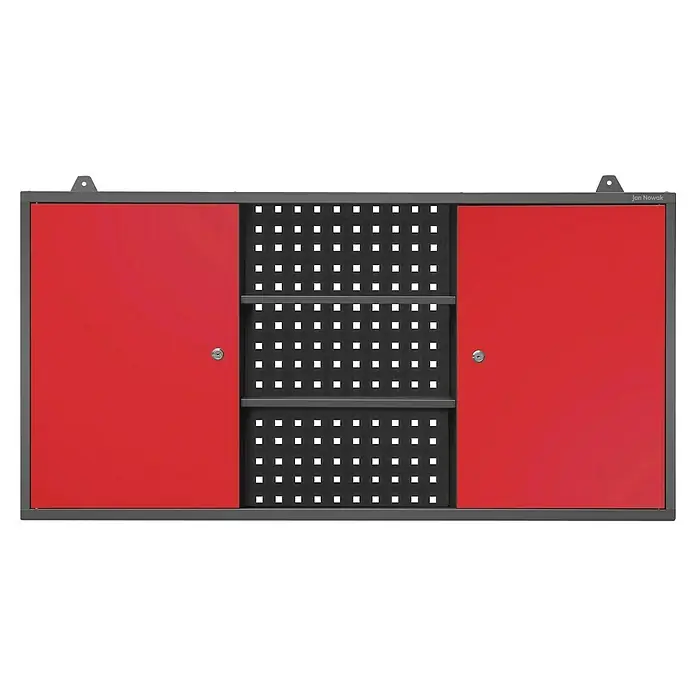 Jan Nowak Hängeschrank Ben - H x B x T: 60 x 120 x 20 cm, Anthrazit/Rot - Aufnahme des Werkzeugschranks Jan Nowak mit roten Türen und perforierter Mittelwand, ideal für die Werkstattorganisation.
