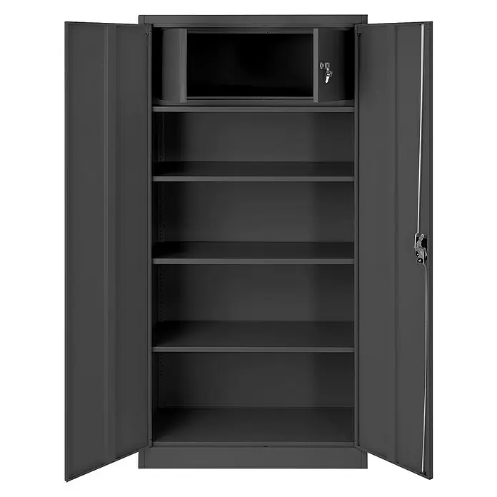 Jan Nowak Aktenschrank Tomasz - B x T x H: 90 x 45 x 185 cm, Anthrazit - Ein grauer Stahlschrank mit offenen Türen und mehreren Regalen, inklusive abschließbarem Fach, bietet viel Stauraum.