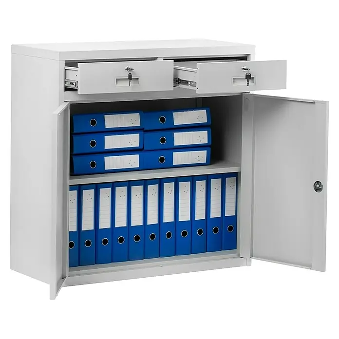 Jan Nowak Aktenschrank Lena - H x B x T: 90 x 90 x 40 cm, Grau - Ein offener, grauer Aktenschrank mit zwei Schubladen, von denen eine geöffnet ist und Aktenordnern im Inneren.