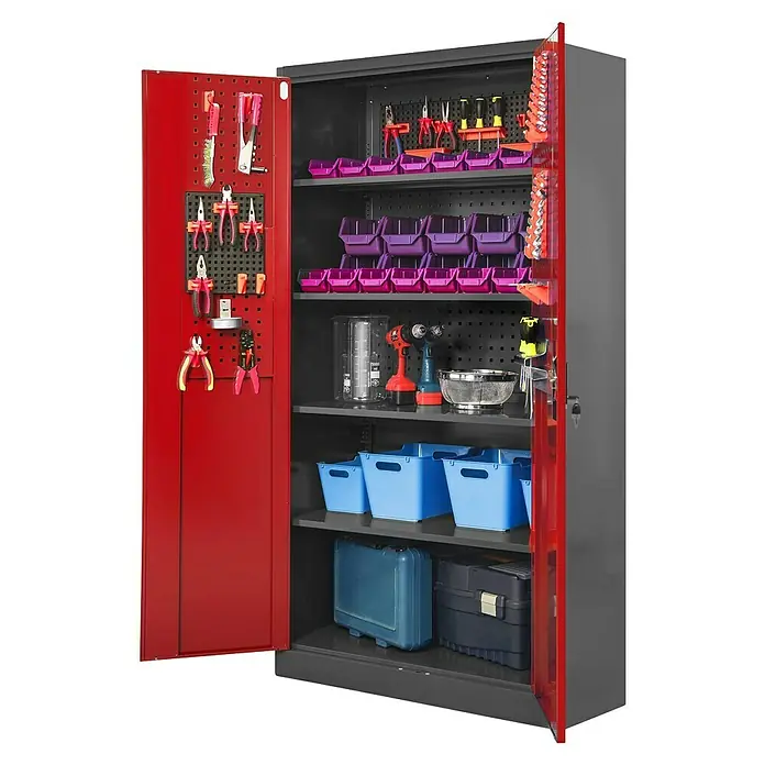 Jan Nowak Werkzeugschrank Bruno - H x B x T: 185 x 92 x 50 cm, Anthrazit/Rot - Metallschrank mit Werkzeugen und Zubehör. Viel Stauraum mit Regalen und Werkzeugaufhängungen für eine organisierte Werkstatt.