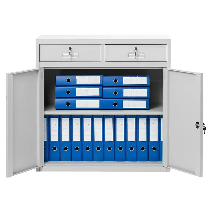 Jan Nowak Aktenschrank Lena - H x B x T: 90 x 90 x 40 cm, Grau - Ein grauer Aktenschrank mit offenen Türen, gefüllt mit blauen Ordnern und zwei verschlossenen Schubladen oben.
