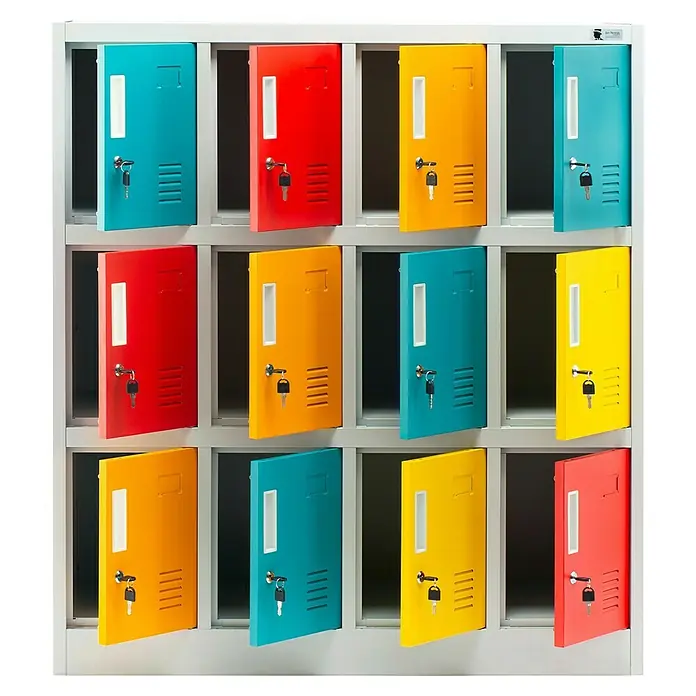 Jan Nowak Schließfachschrank Ola - H x B x T: 120 x 109 x 45 cm, Anzahl Fächer: 12 Stk., Grau/Vielfarbig - Farbenfrohe Schließfächer mit offenen Türen und Schlüsseln in einem hellen Metallrahmen. Ideal zur Aufbewahrung von persönlichen Gegenständen.