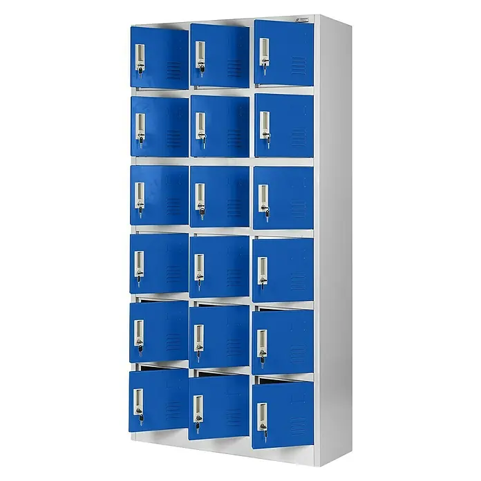 Jan Nowak Schließfachschrank Karol - Anzahl Fächer: 18 Stk., Grau/Blau - Bild eines blauen Metallschrankes mit mehreren Fächern, einige davon geöffnet und mit Schlüsseln.