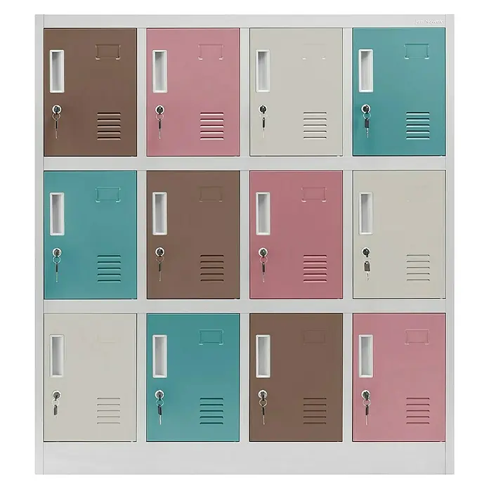 Jan Nowak Schließfachschrank Ola - H x B x T: 120 x 109 x 45 cm, Anzahl Fächer: 12 Stk., Grau/Pastellfarben - Bunte Schließfächer mit Schlüsseln. Metallschränke in Braun, Rosa, Beige und Türkis für Schulen oder Büros mit Lüftungsschlitzen.