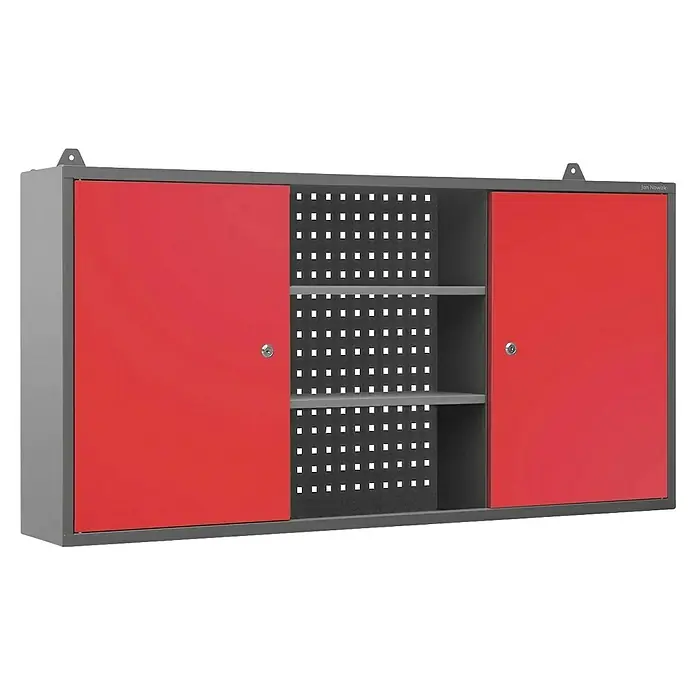 Jan Nowak Hängeschrank Ben - H x B x T: 60 x 120 x 20 cm, Anthrazit/Rot - Eine graue Werkzeugschrank mit roten Schiebetüren und einem offenen Fach mit Regalen. Ideal für die Werkstatt.
