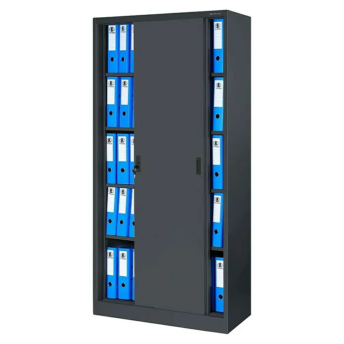 Jan Nowak Aktenschrank Kuba - B x T x H: 90 x 40 x 185 cm, Anthrazit/Nussbaum - Abbildung eines grauen Aktenschranks mit Schiebetüren und blauen Aktenordnern, der für die Organisation im Büro oder Arbeitszimmer konzipiert ist.