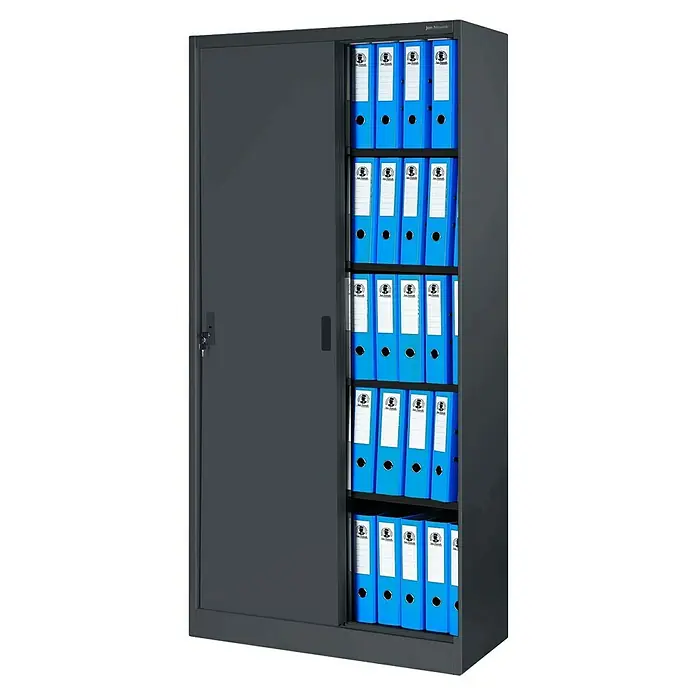 Jan Nowak Aktenschrank Kuba - B x T x H: 90 x 40 x 185 cm, Anthrazit/Nussbaum - Grauer Aktenschrank mit blauen Aktenordnern für die Büroorganisation.