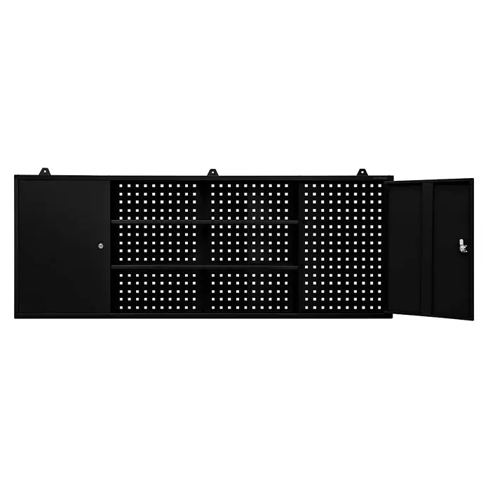 Jan Nowak Hängeschrank Leo - B x T x H: 160 x 20 x 60 cm, Schwarz - Schwarzer Werkzeugschrank mit perforierter Rückwand und zwei Regalböden. Das Metallgehäuse verfügt über zwei Schiebetüren mit Schlössern.