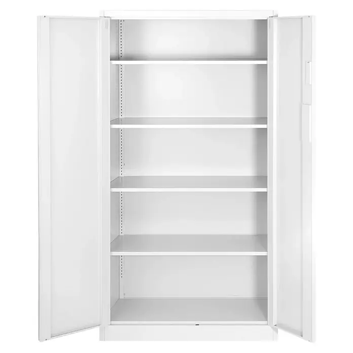 Jan Nowak Aktenschrank Daniel - B x T x H: 90 x 40 x 185 cm, Weiß - Aufnahme eines weißen Metallschranks mit offenen Türen, der 5 Regale im Inneren enthüllt und das Innere des Schranks zur Schau stellt.