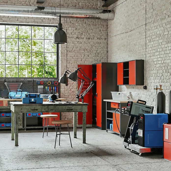Jan Nowak Hängeschrank Ben - H x B x T: 60 x 120 x 20 cm, Anthrazit/Rot - Werkstatt mit Werkbank, Schränken und Werkzeug. Professioneller Arbeitsbereich mit industriellem Charme und funktionaler Einrichtung.