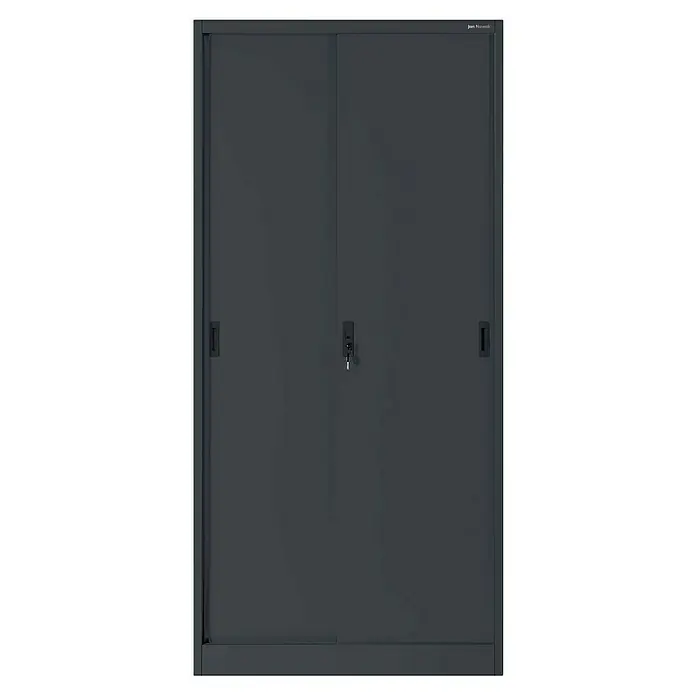 Jan Nowak Aktenschrank Kuba - B x T x H: 90 x 40 x 185 cm, Anthrazit/Nussbaum - Geschlossener, grauer Jan Nowak Metall-Aktenschrank mit zwei Schiebetüren und einem Schloss mit Schlüssel für Büroumgebungen.