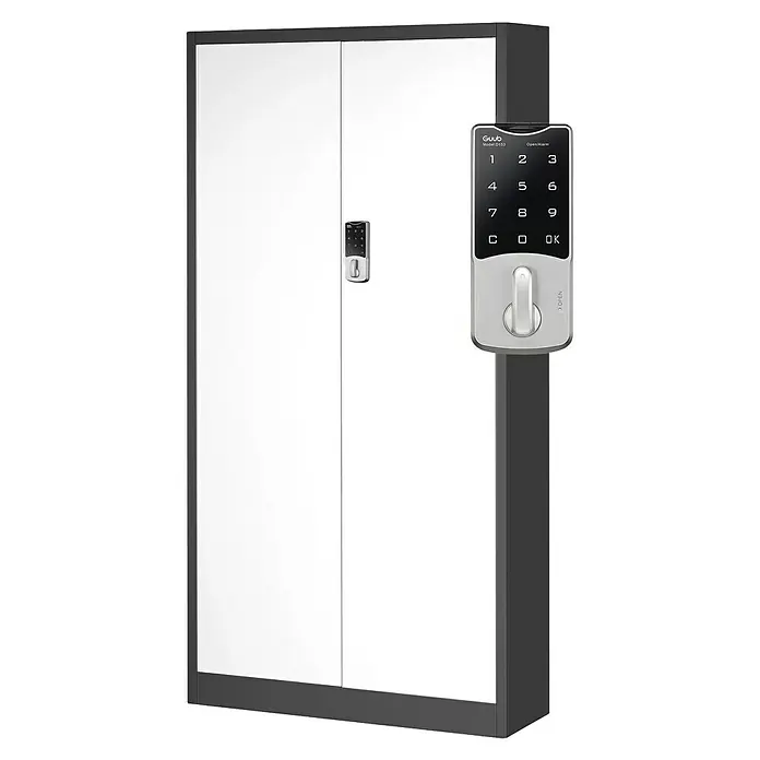 Jan Nowak Aktenschrank Daniel - B x T x H: 90 x 40 x 185 cm, Anthrazit/Weiß - Ein grauer Metallschrank mit zwei weißen Türen und einem elektronischen Zahlenschloss für mehr Sicherheit im Büro oder zu Hause.