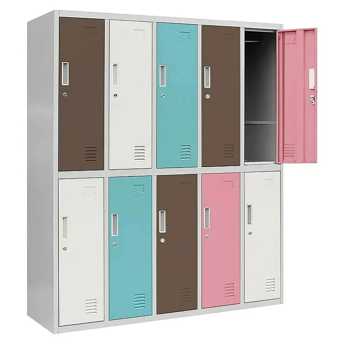 Jan Nowak Spind Bartus - H x B x T: 150 x 136 x 45 cm, Anzahl Türen: 10 Stk., Grau/Pastellfarben - Ein farbenfroher Spindschrank mit mehreren Fächern, ideal für Schulen, Umkleideräume oder Fitnessstudios. Unterschiedliche Türfarben lockern das Design auf.