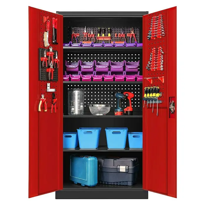 Jan Nowak Werkzeugschrank Bruno - H x B x T: 185 x 92 x 50 cm, Anthrazit/Rot - Werkzeugschrank mit roten Türen und einer Vielzahl von Werkzeugen und Zubehör.