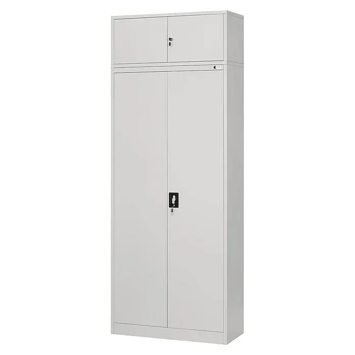 Jan Nowak Aufsatzschrank Ewa - H x B x T: 38 x 90 x 40 cm, Grau - Ein grauer, abschließbarer Metallschrank mit zwei großen Türen und einem zusätzlichen Fach oben, ideal für Büro oder Werkstatt.