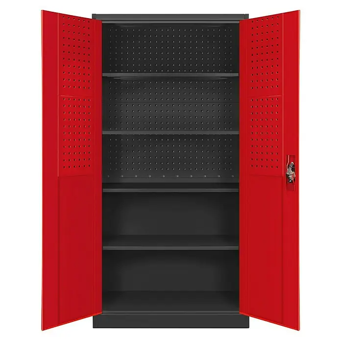 Jan Nowak Werkzeugschrank Bruno - H x B x T: 185 x 92 x 50 cm, Anthrazit/Rot - Ein offener, roter Werkzeugschrank mit mehreren Regalen und einer gelochten Rückwand zur Werkzeugaufbewahrung.