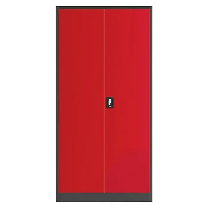 Jan Nowak Werkzeugschrank Bruno - H x B x T: 185 x 92 x 50 cm, Anthrazit/Rot - Ein auffälliger, roter Lagerschrank mit einem soliden, dunklen Rahmen und einem praktischen Griff, ideal zur Aufbewahrung in Werkstatt oder Lager.
