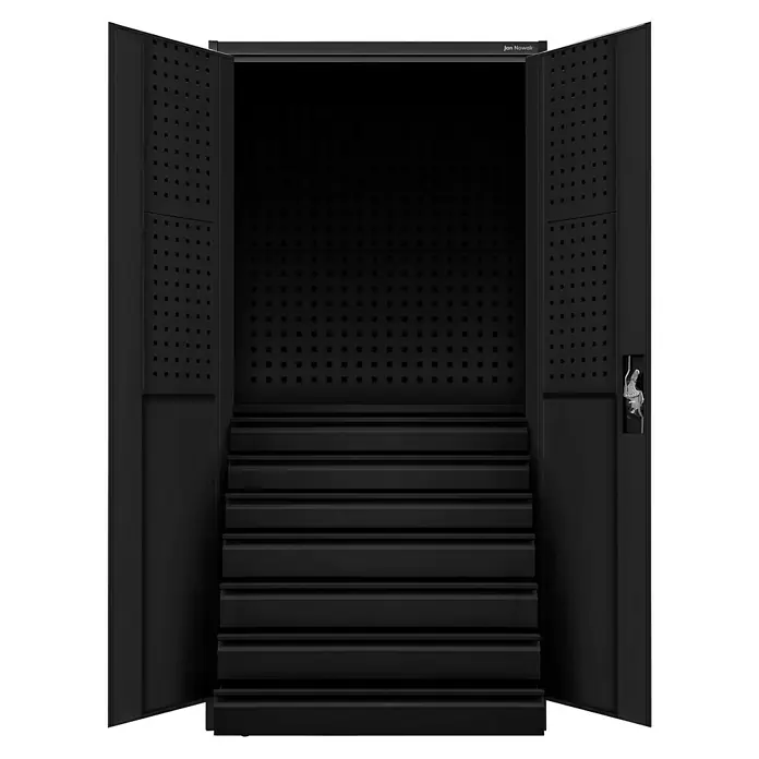Jan Nowak Werkzeugschrank Darek - H x B x T: 185 x 92 x 50 cm, Schwarz - Schwarzer Werkzeugschrank mit geöffneten Türen, innen Regale mit Löchern zur Werkzeugaufbewahrung.
