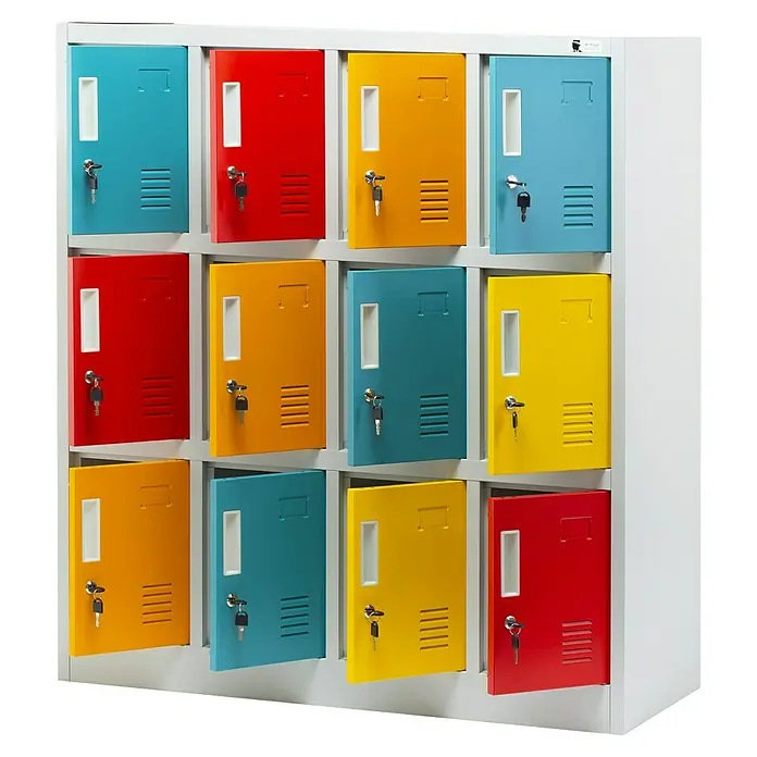 Jan Nowak Schließfachschrank Ola - H x B x T: 120 x 109 x 45 cm, Anzahl Fächer: 12 Stk., Grau/Vielfarbig - Farbenfrohe Schließfächer: Schrank mit zwölf bunten Fächern (blau, rot, gelb) und Schlüsseln, ideal für Büro oder Schule.