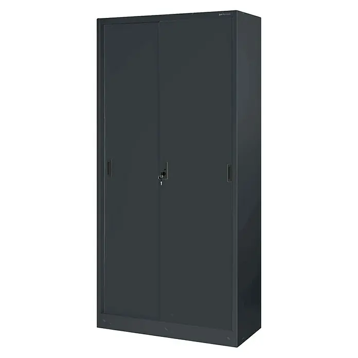 Jan Nowak Aktenschrank Kuba - B x T x H: 90 x 40 x 185 cm, Anthrazit/Nussbaum - Bild eines Büroschranks aus Stahl mit Schiebetüren in elegantem Design, ideal zur Aufbewahrung und Organisation von Dokumenten.