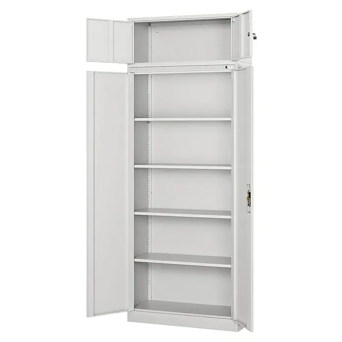 Jan Nowak Aufsatzschrank Ewa - H x B x T: 38 x 90 x 40 cm, Grau - Grauer Metallschrank mit offenen Türen und verstellbaren Einlegeböden für Büro oder Lagerung.